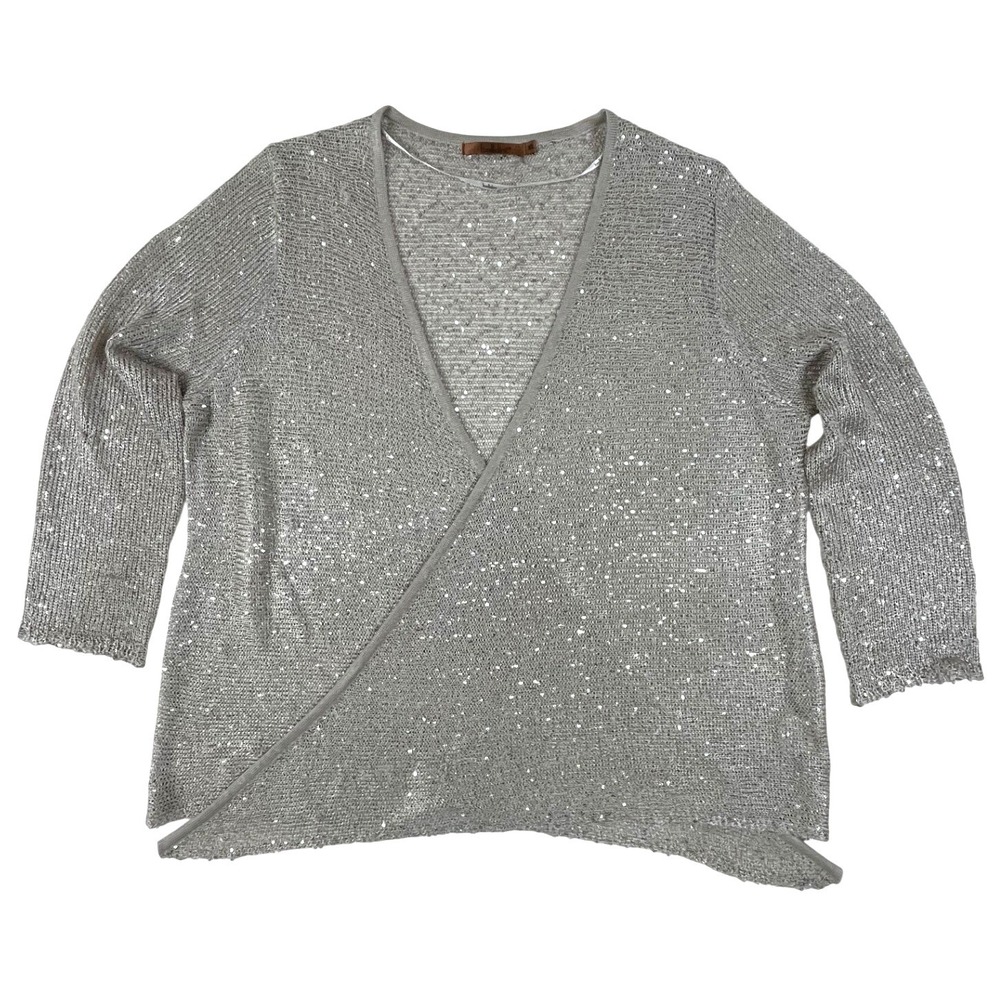 Beldini Womens Silver Metallic Sequin Wrap Front Knit Sweater Top Size‎ XL